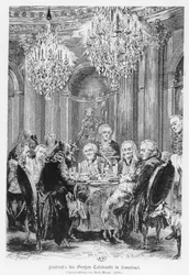 Voltaire assis à côté du roi Frédéric II au château de Sans Souci, Potsdam, Allemagne, 1878